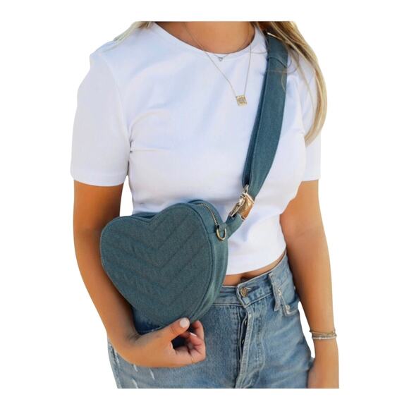 Fashion Statement Handbags - Fashion Statement Womens Crossbody Bag Denim Heart Shape Pewter Gold Chain Strap
